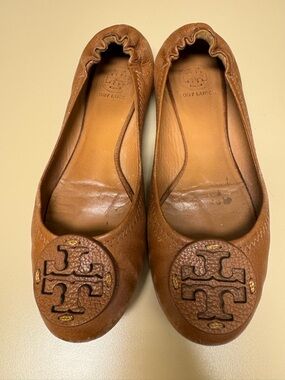 Tory Burch Cognac Leather Logo Ballet Flats
